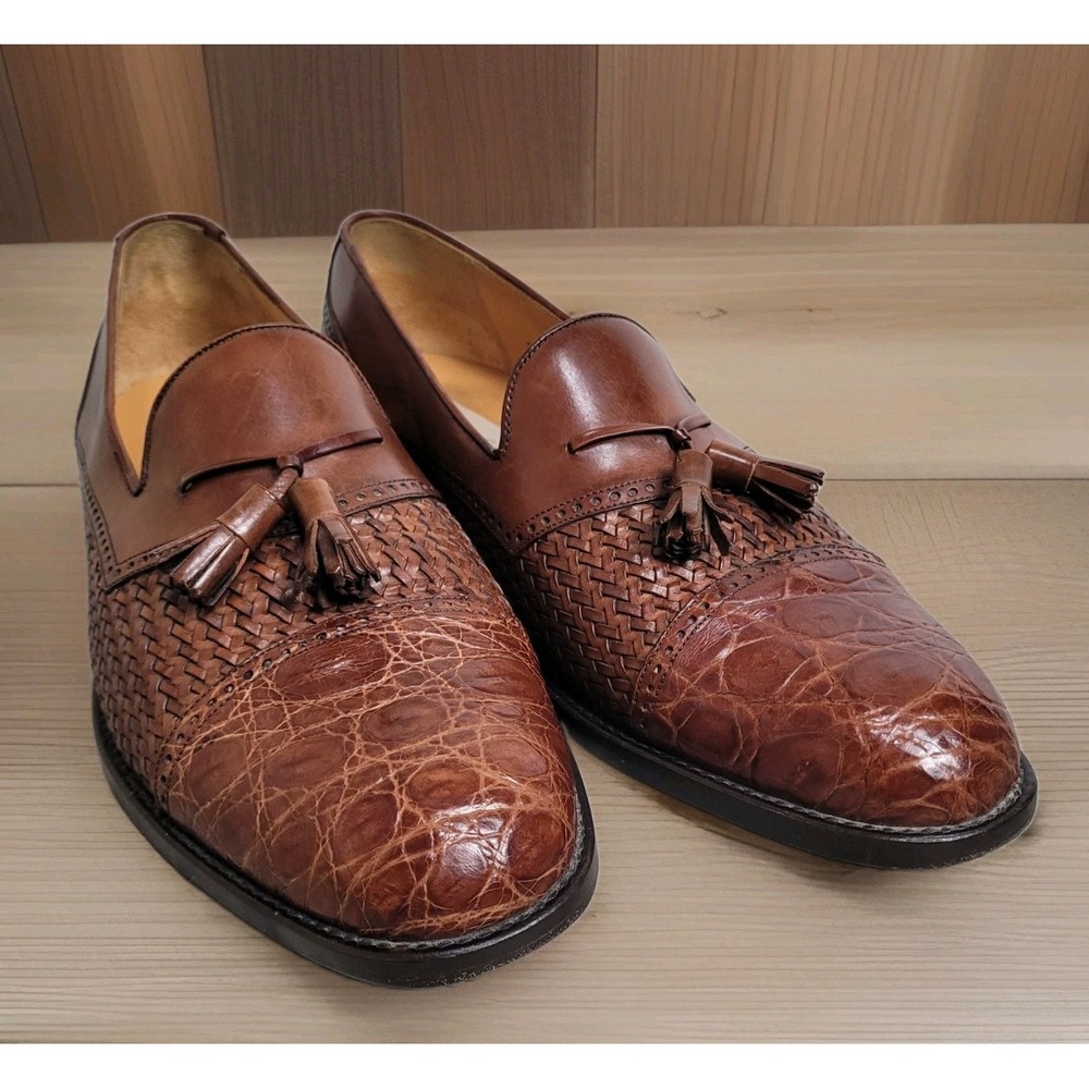 🐊Mezlan Carmel Shoe Men 12 M Brown Crocodile Woven Leather Tassel Loafers Spain